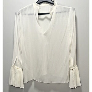 H&M White Ruffle Mock Neck Blouse Pleated Cuff Sheer Top Women’s Size 10